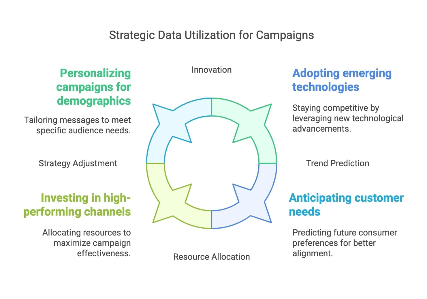 A diagram showcasing the role of strategic data in improving the performance and targeting of marketing campaigns.