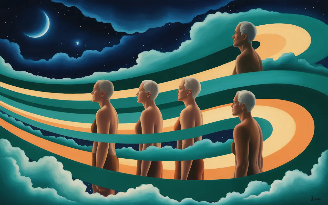 Abstract Jungian dreamscape with a figure aging across life stages, swirling teal and amber light, surrealist oil painting style