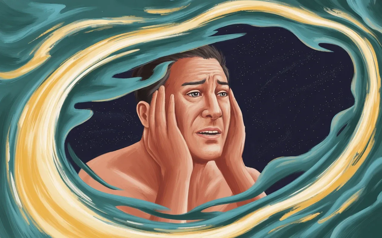 Person watching themselves age in a mirror within a swirling dreamscape, warm golden and teal light, painterly semi-realistic digital painting