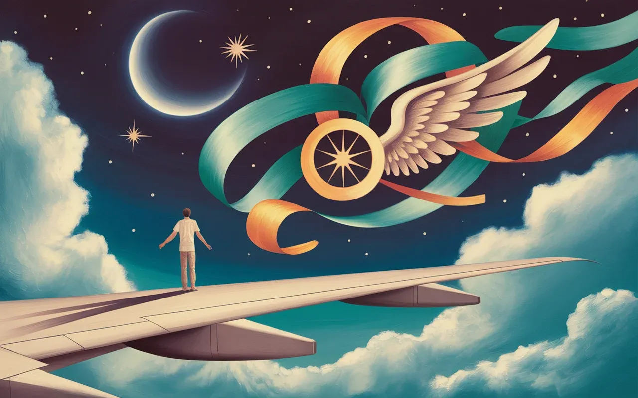 Abstract Jungian dreamscape with human figure on airplane wing, teal and amber ribbons, surrealist night sky
