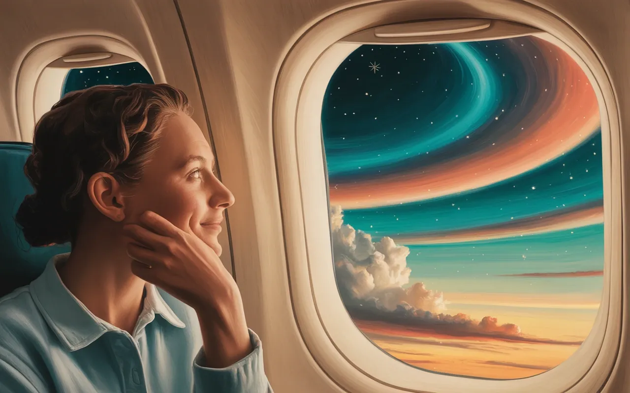Person as airplane passenger gazing at surreal dreamscape sky, teal and coral light, contemplative expression