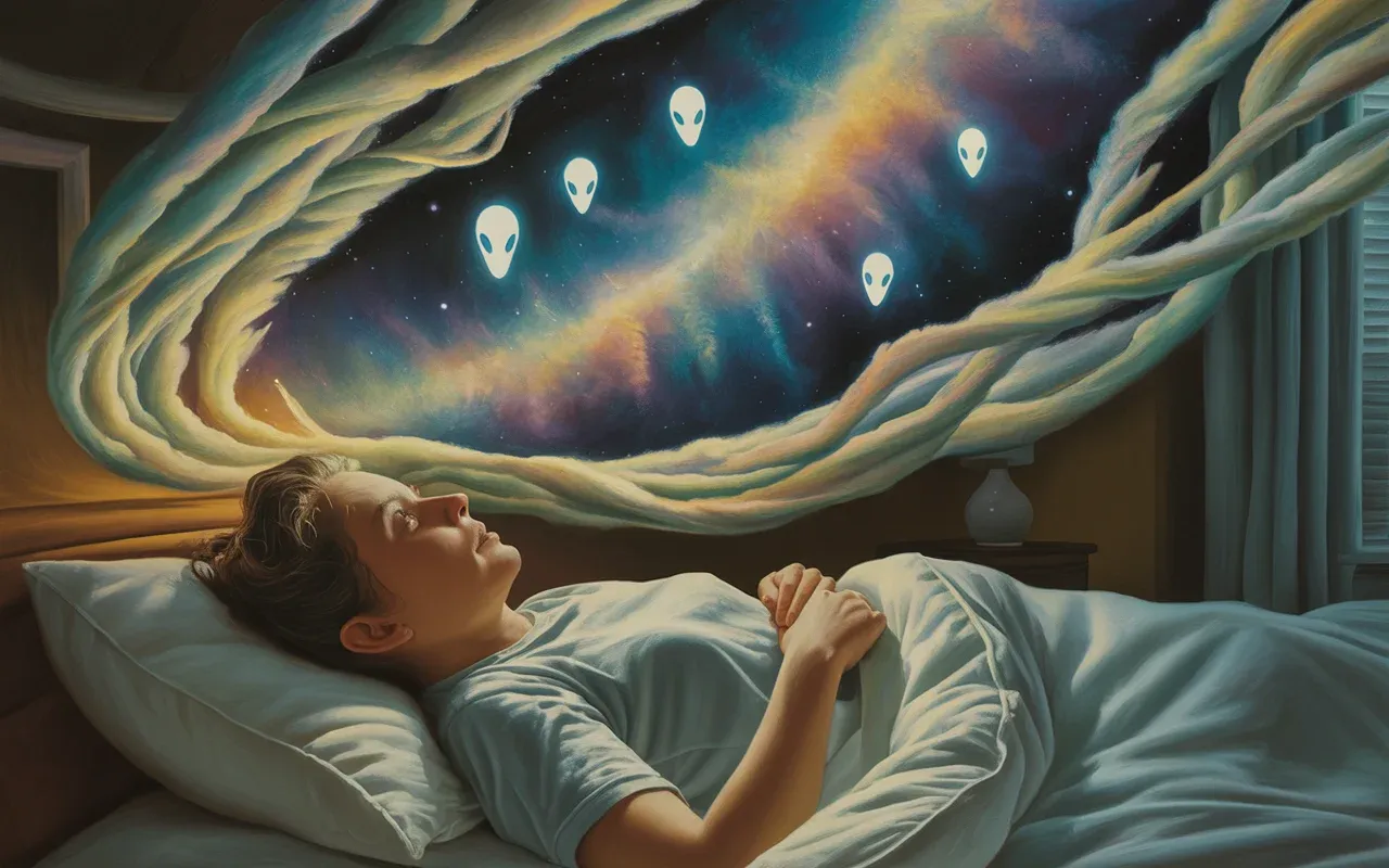 Person lying in bed seeing luminous alien beings floating above them in a dreamlike bedroom with cosmic nebula and teal light