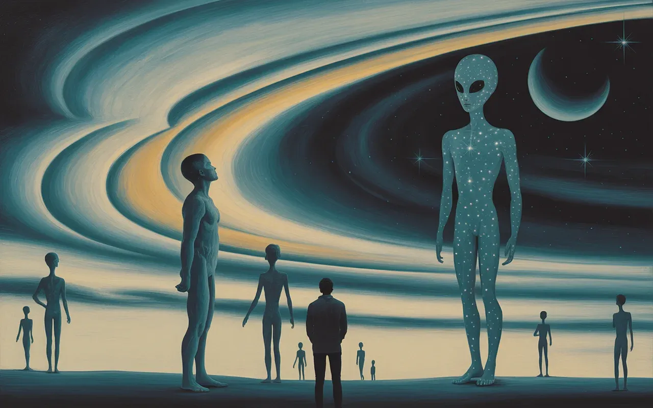 Surrealist painting of a person gazing at alien silhouettes made of starlight in a cosmic Jungian dreamscape with teal and amber ribbons