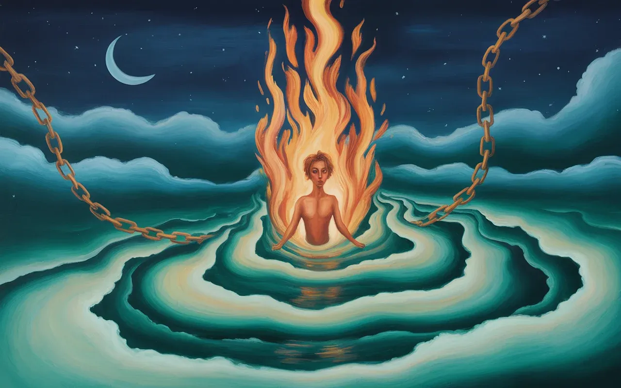 Abstract Jungian dreamscape showing fire transforming into teal light, symbolizing the spiritual meaning of anger in dreams