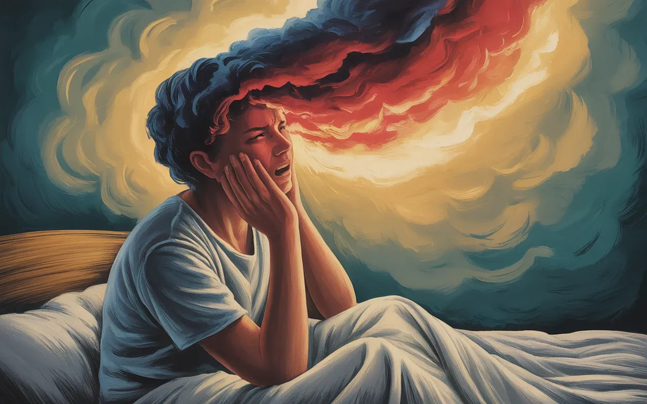 Person experiencing an anger dream, sitting in bed surrounded by swirling red and teal dreamscape light