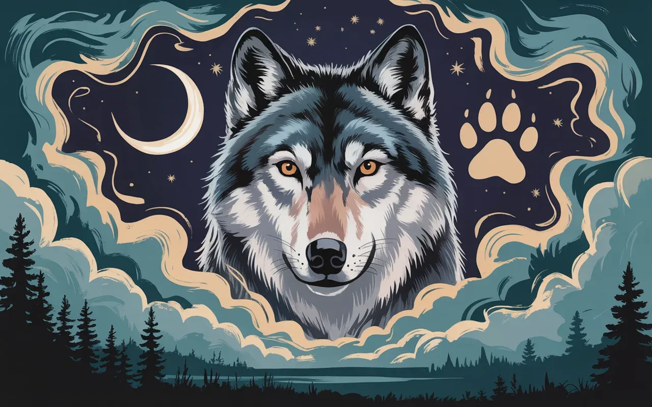 Abstract Jungian dreamscape with wolf spirit guide and swirling teal amber light under a crescent moon