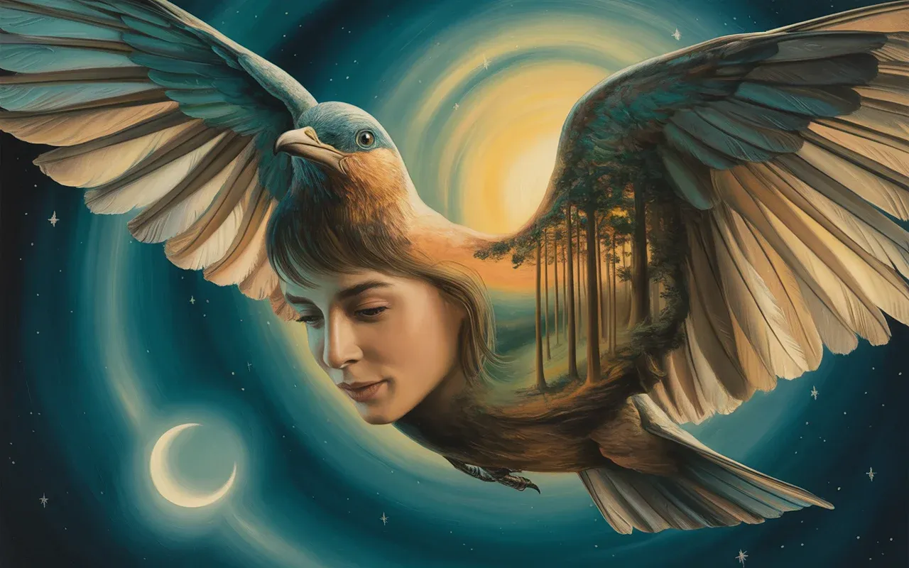 Person merging with a bird in flight, floating above dreamscape forest through wings, golden and teal light