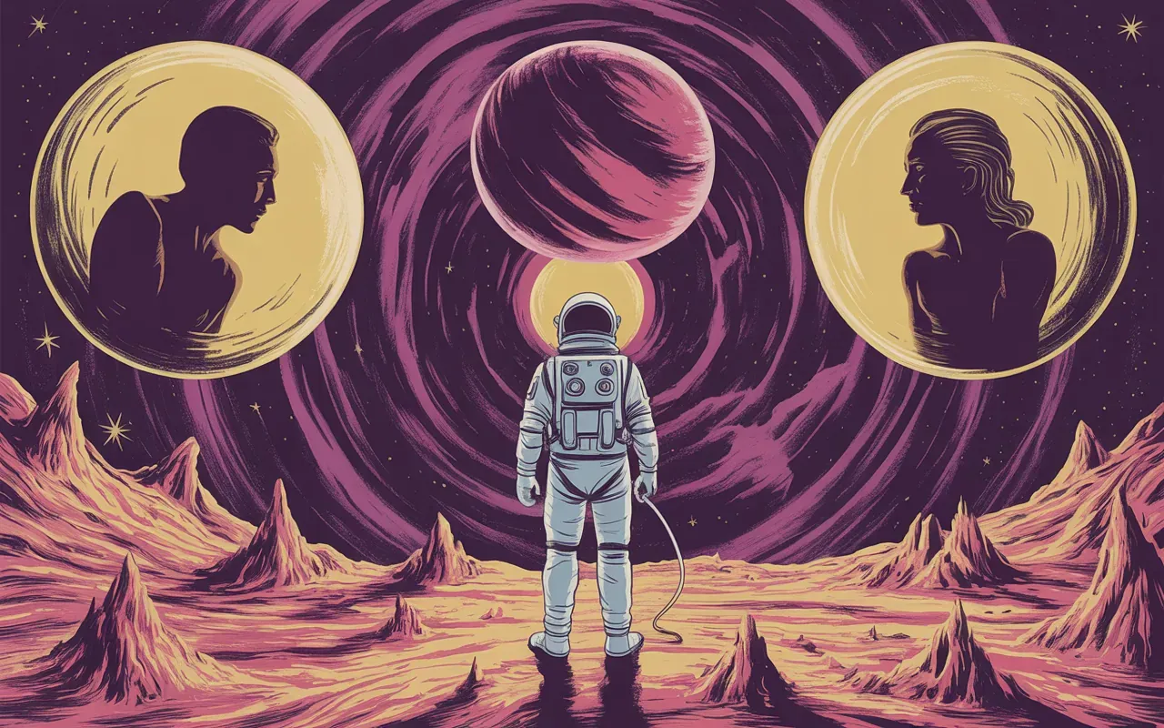 Surreal Jungian dream illustration of a figure on an alien planet with symbolic archetypes in purple and gold