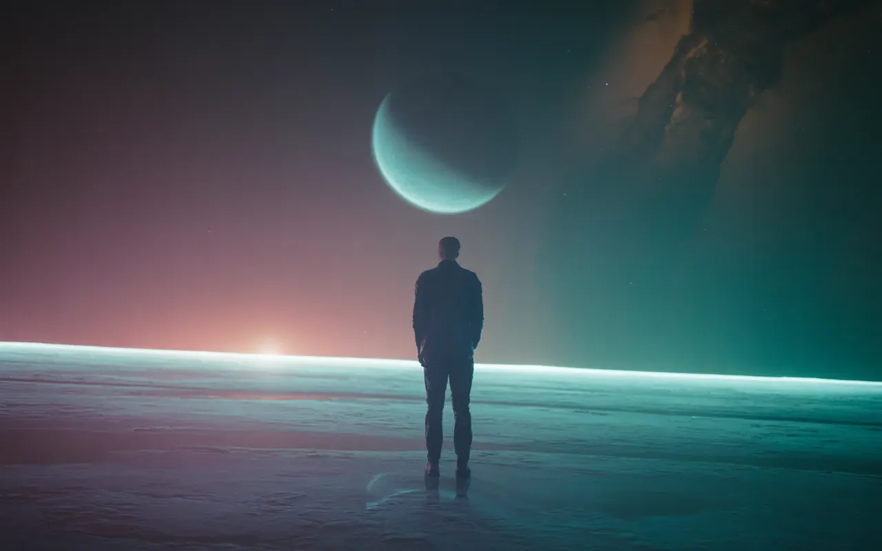 Lone figure standing on glowing alien planet surface under violet aurora and nebula sky — cinematic dream scene