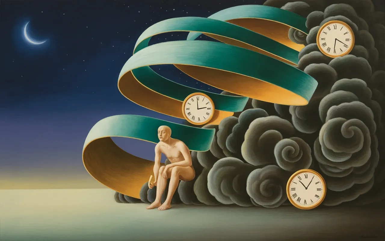 Abstract Jungian dreamscape illustrating the spiritual meaning of anxiety in a dream with swirling teal and amber light