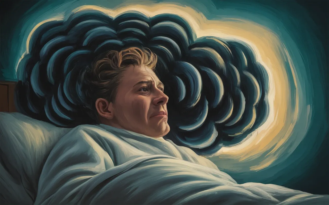 Person experiencing anxiety dream at night surrounded by swirling dreamscape of shadows and teal light