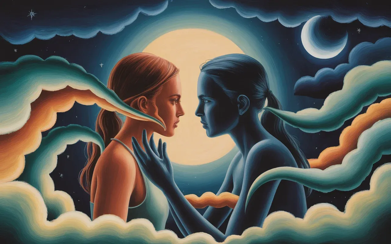 Abstract Jungian dreamscape showing a figure confronting their shadow self, swirling teal and amber ribbons, night sky