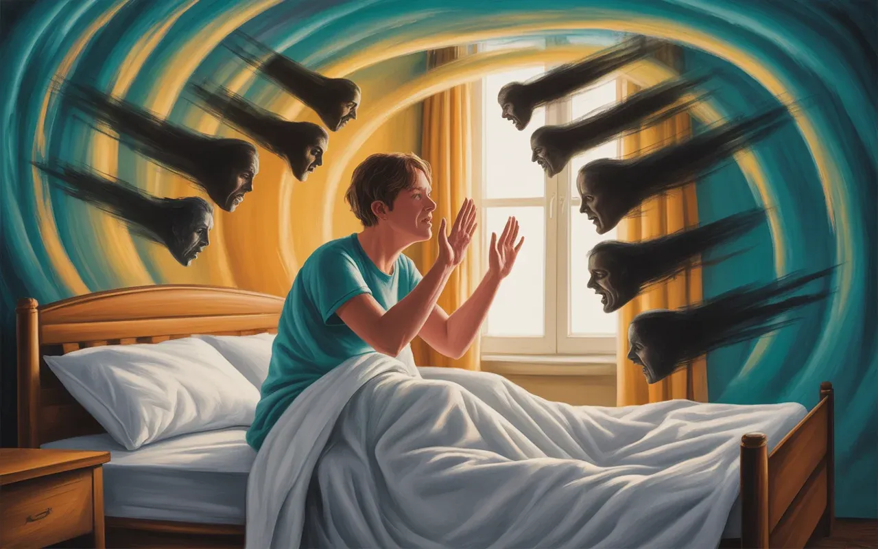 Person waking from a nightmare in bed, shadowy figures dissolving into teal mist, warm golden light breaking through, painterly dreamscape