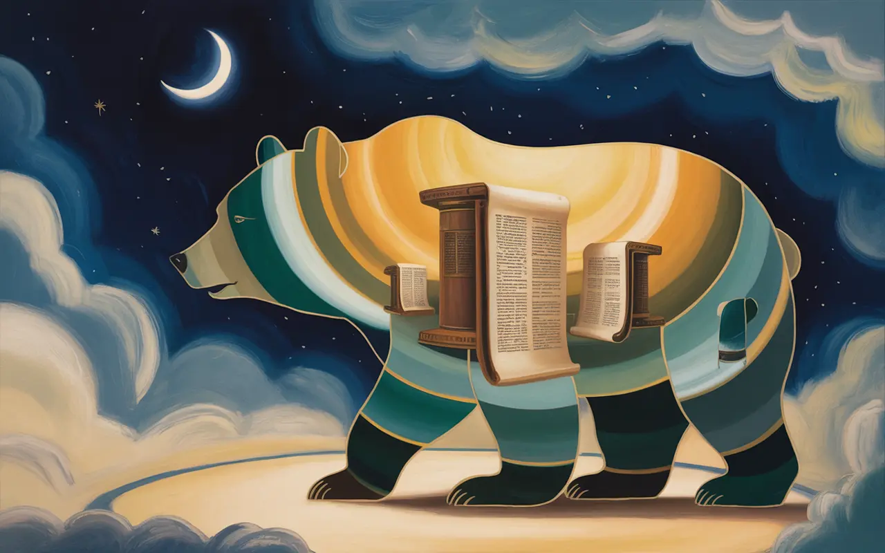 Bear in a Jungian dreamscape with biblical light and scripture symbolism, teal and amber swirling ribbons, night sky with crescent moon