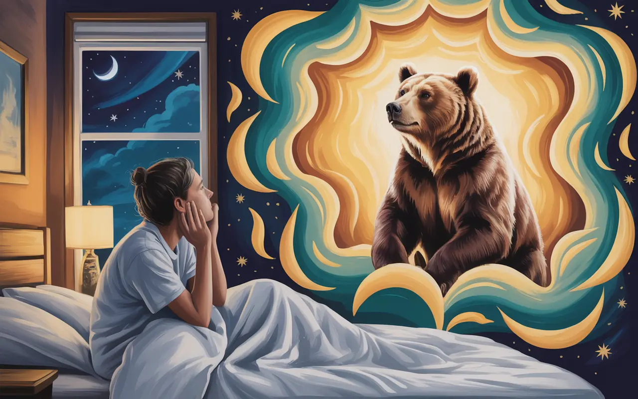Person experiencing a vivid bear dream vision, warm golden spiritual light, swirling teal dreamscape, contemplative expression