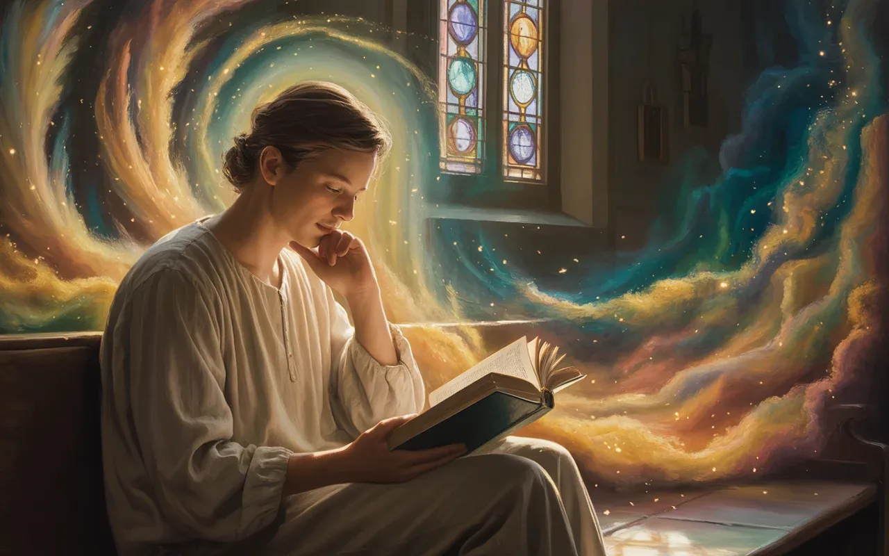 Person reading a sacred book in a peaceful church bathed in stained glass light with mystical energy