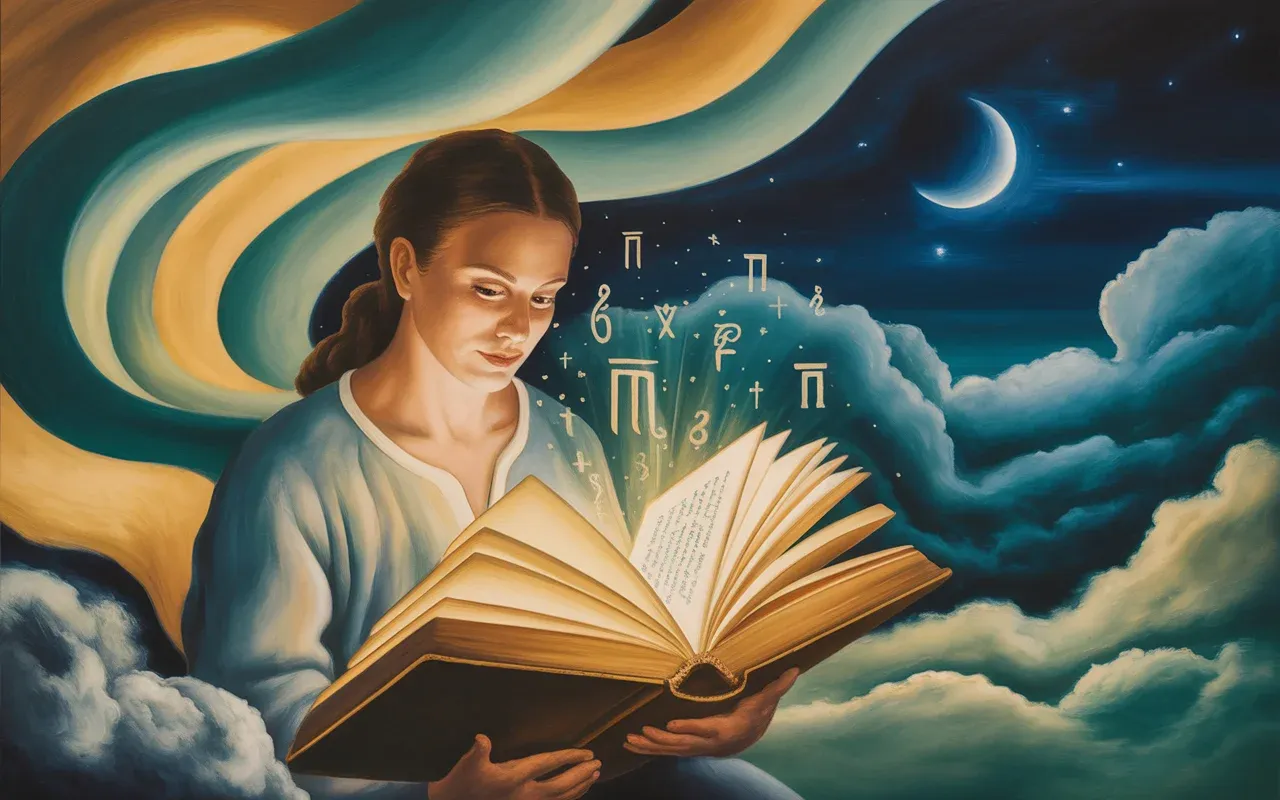 Woman reading a glowing sacred book in a surrealist Jungian dreamscape with teal and amber light