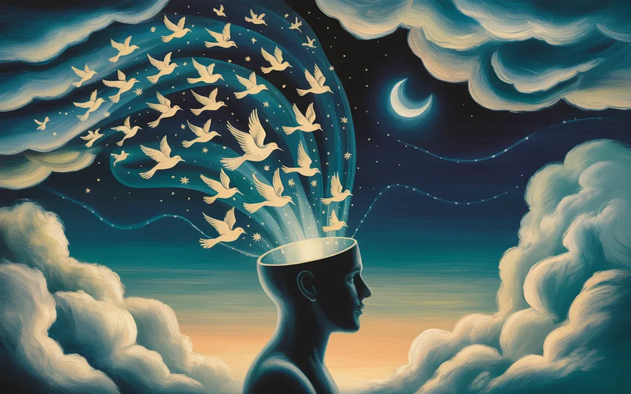 Abstract Jungian dreamscape with luminous birds emerging from a human mind silhouette, swirling teal and amber light