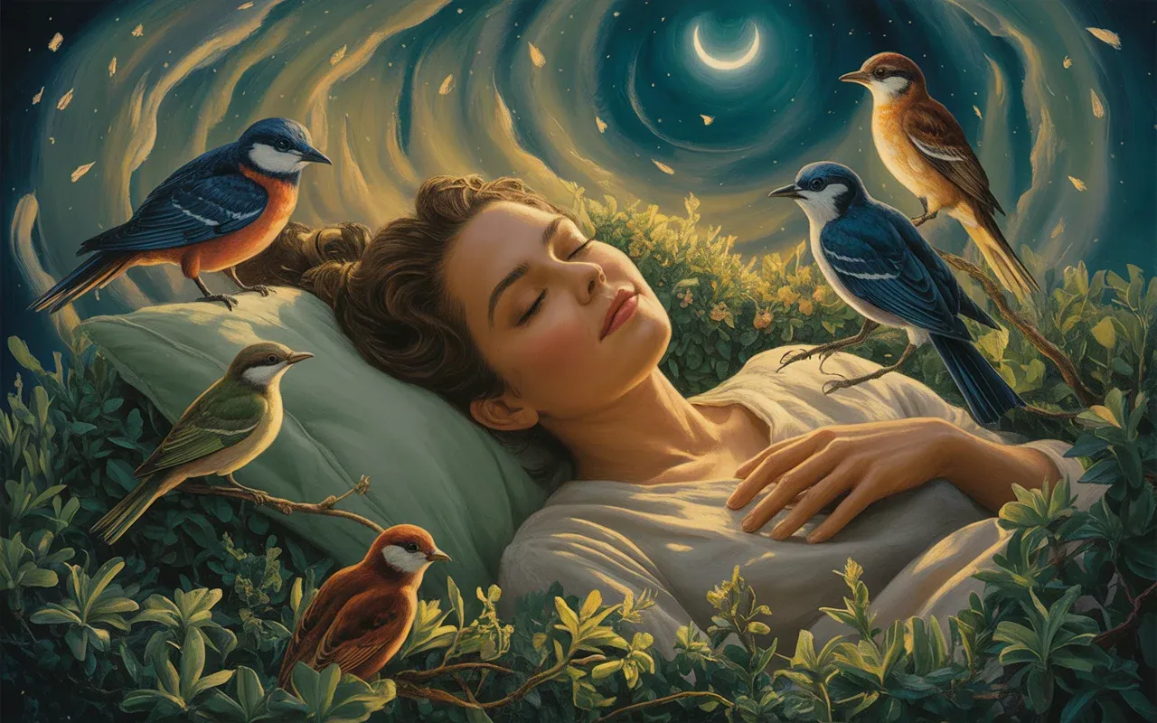 Woman surrounded by glowing birds in a lush dreamscape garden at night