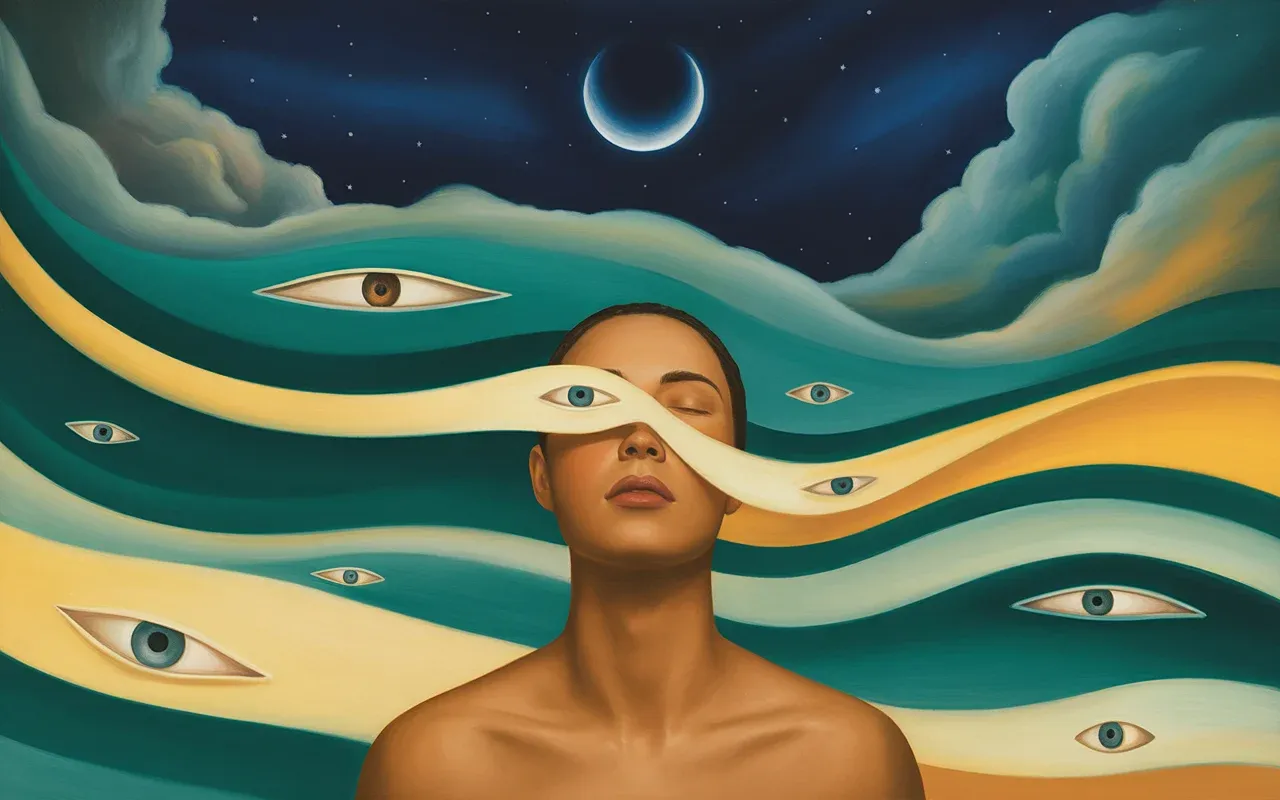 Abstract dreamscape with a figure surrounded by floating eyes and teal light ribbons, representing the psychology of blindness dreams