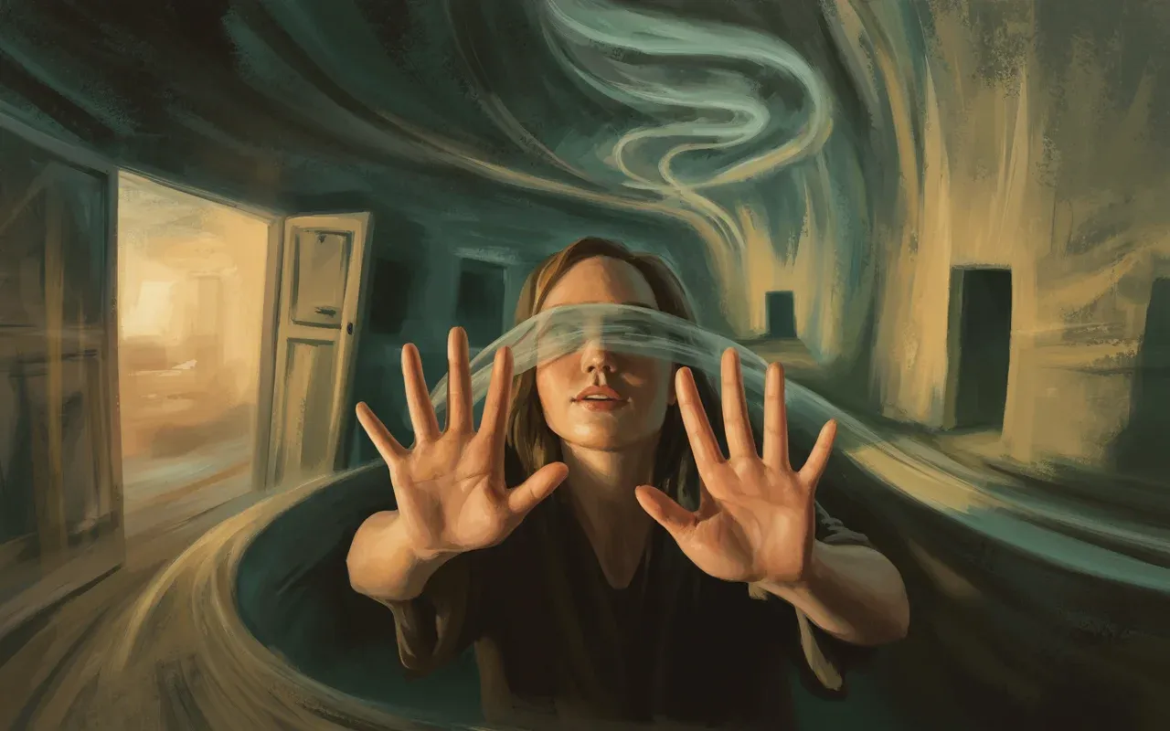 Woman reaching through darkness with a translucent veil over her eyes in a surreal dreamscape with floating doorways