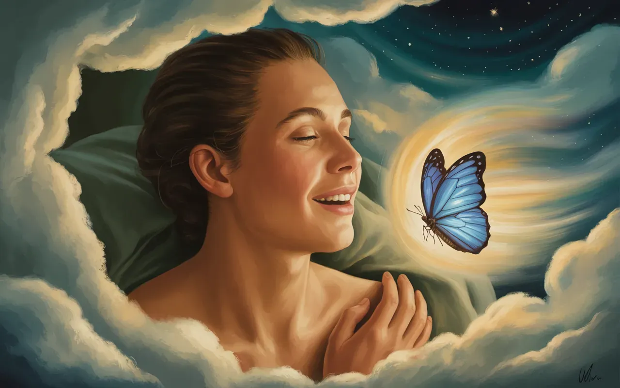 Person experiencing blue butterfly landing on shoulder in a dream