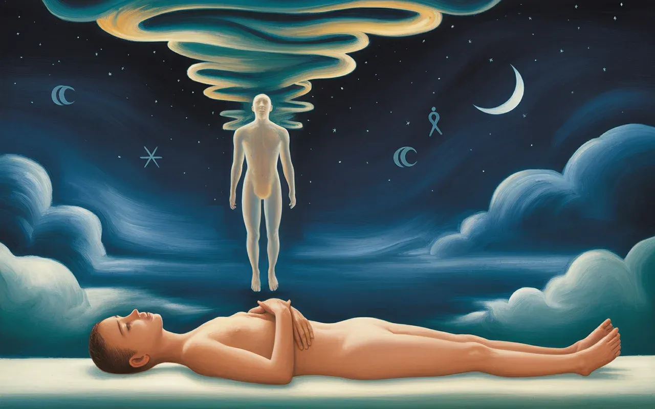 Translucent spirit form rising above a sleeping body in a surrealist Jungian dreamscape with teal and amber light