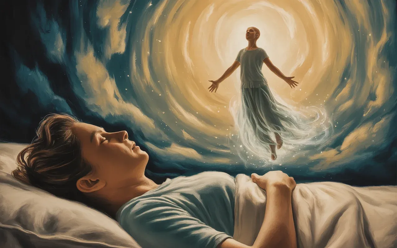 Person sleeping peacefully while their luminous spirit form rises above them in a teal and golden dreamscape