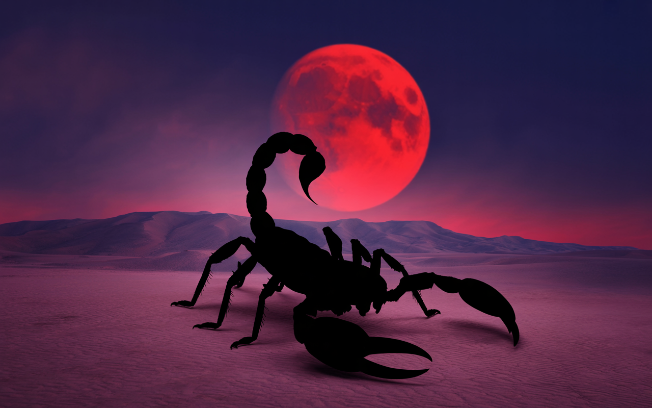 Black scorpion silhouette against a glowing red moon in a dream desert landscape