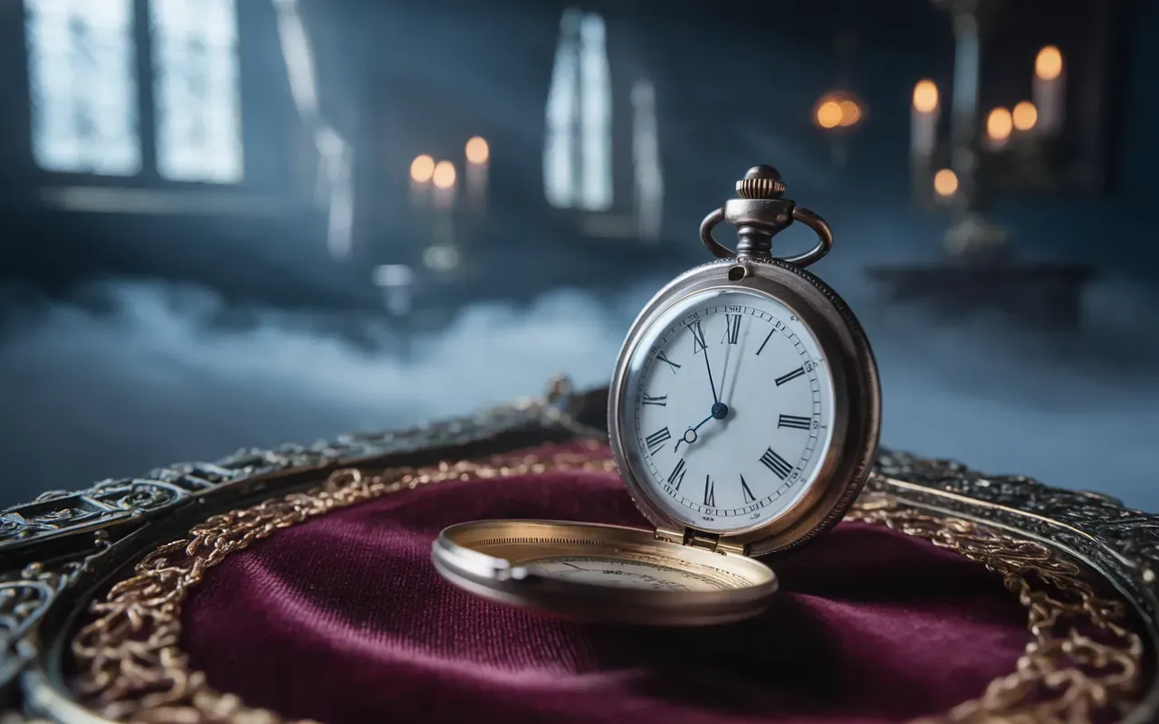 Broken antique pocket watch lying open on velvet in a dreamlike Victorian room