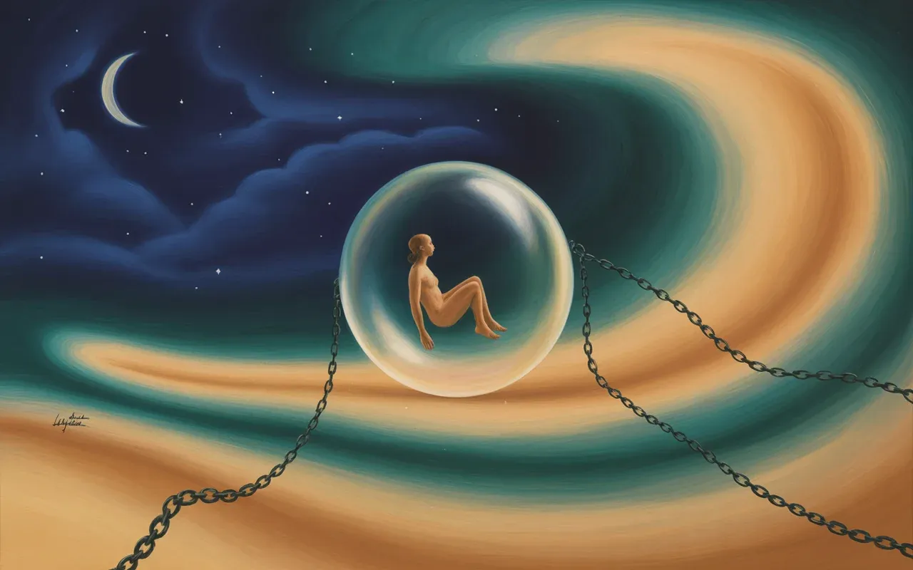 Human figure enclosed in a luminous bubble sphere floating in Jungian dreamscape with swirling teal and amber light