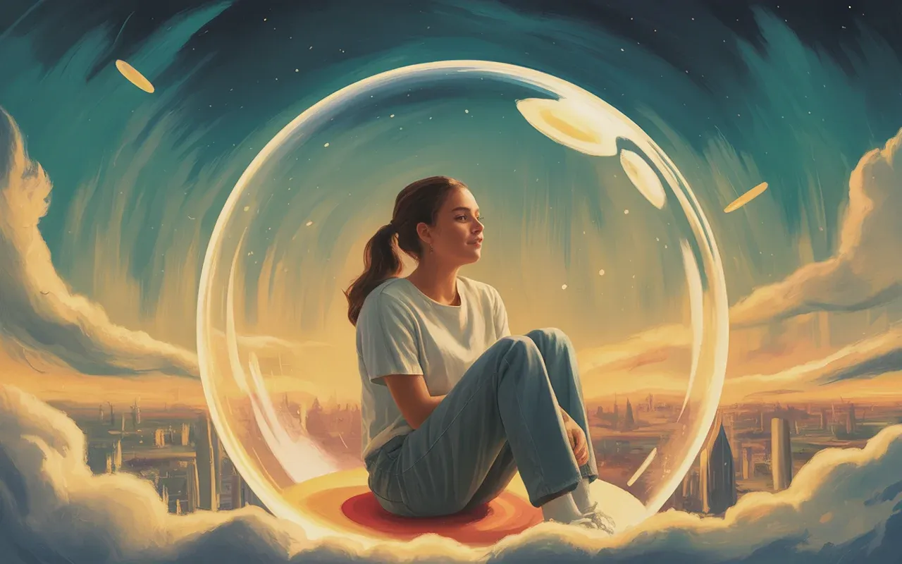 Woman sitting peacefully inside a glowing force field bubble floating above a surreal dreamscape city