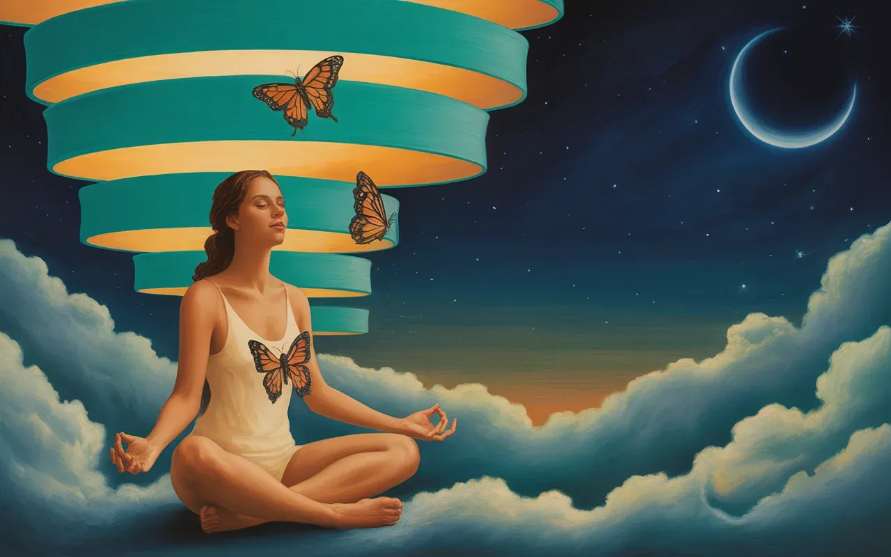 Woman transforming into butterflies in a Jungian dreamscape with crescent moon and swirling teal and amber light