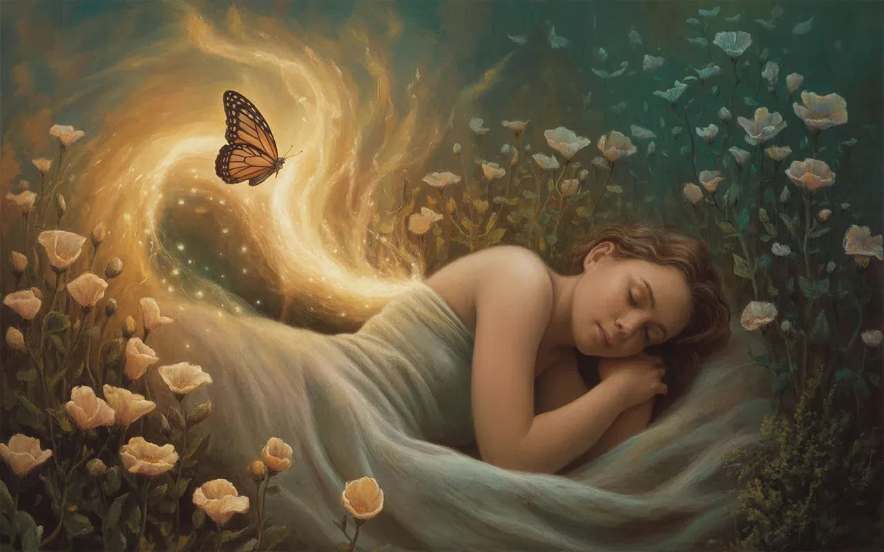 Young woman dreaming she emerges from a golden cocoon as a butterfly in a surrealist garden dreamscape
