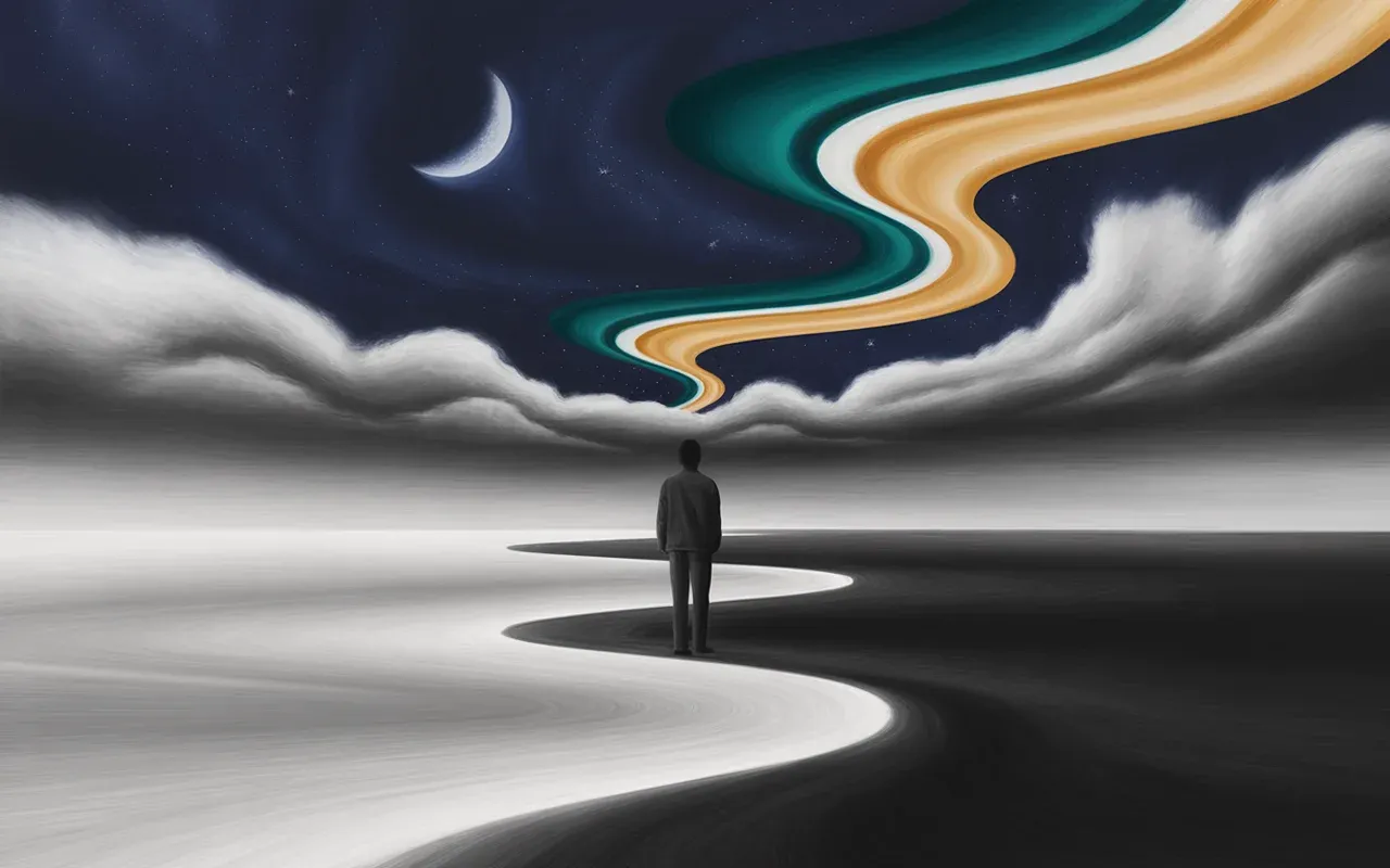 Jungian dreamscape showing a figure in a monochrome world with teal and amber light ribbons