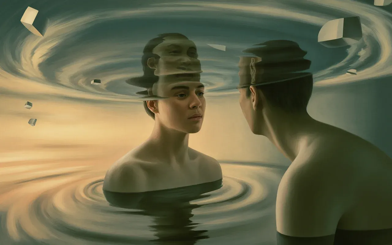 Person gazing at monochrome reflection in a dreamscape pool with teal and golden light