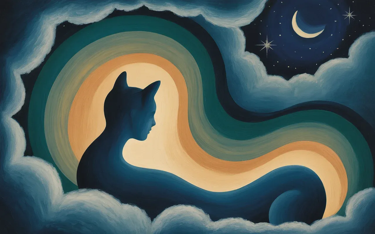 Jungian dreamscape with a woman and ethereal cat archetypal shadow figure, swirling teal and amber light, crescent moon sky