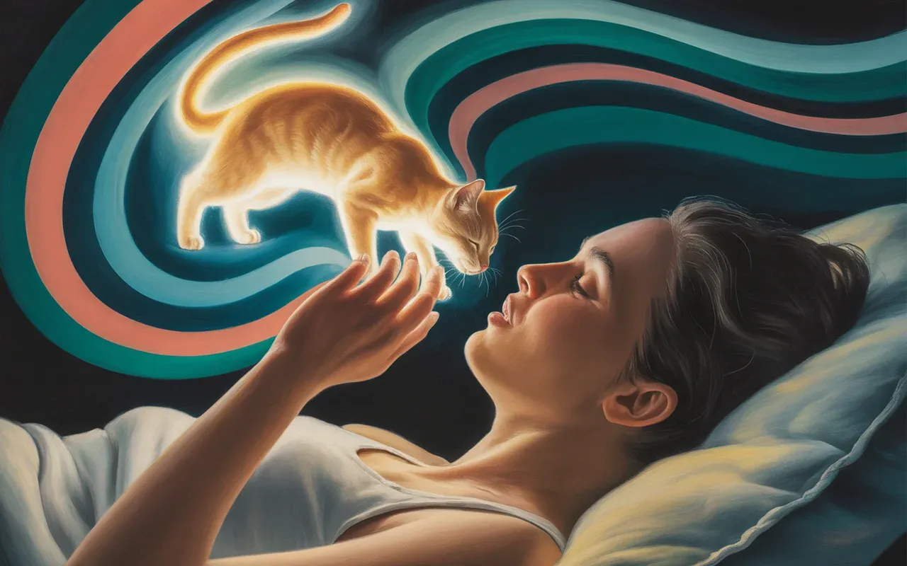 Woman sleeping with glowing ethereal cat appearing in dream vision above her, swirling teal and coral dreamscape, surrealist night painting