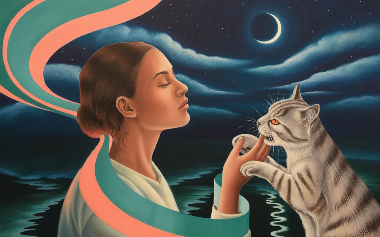 Surrealist painting of a woman in a moonlit garden with a spectral cat, symbolizing Jungian shadow self and dream psychology