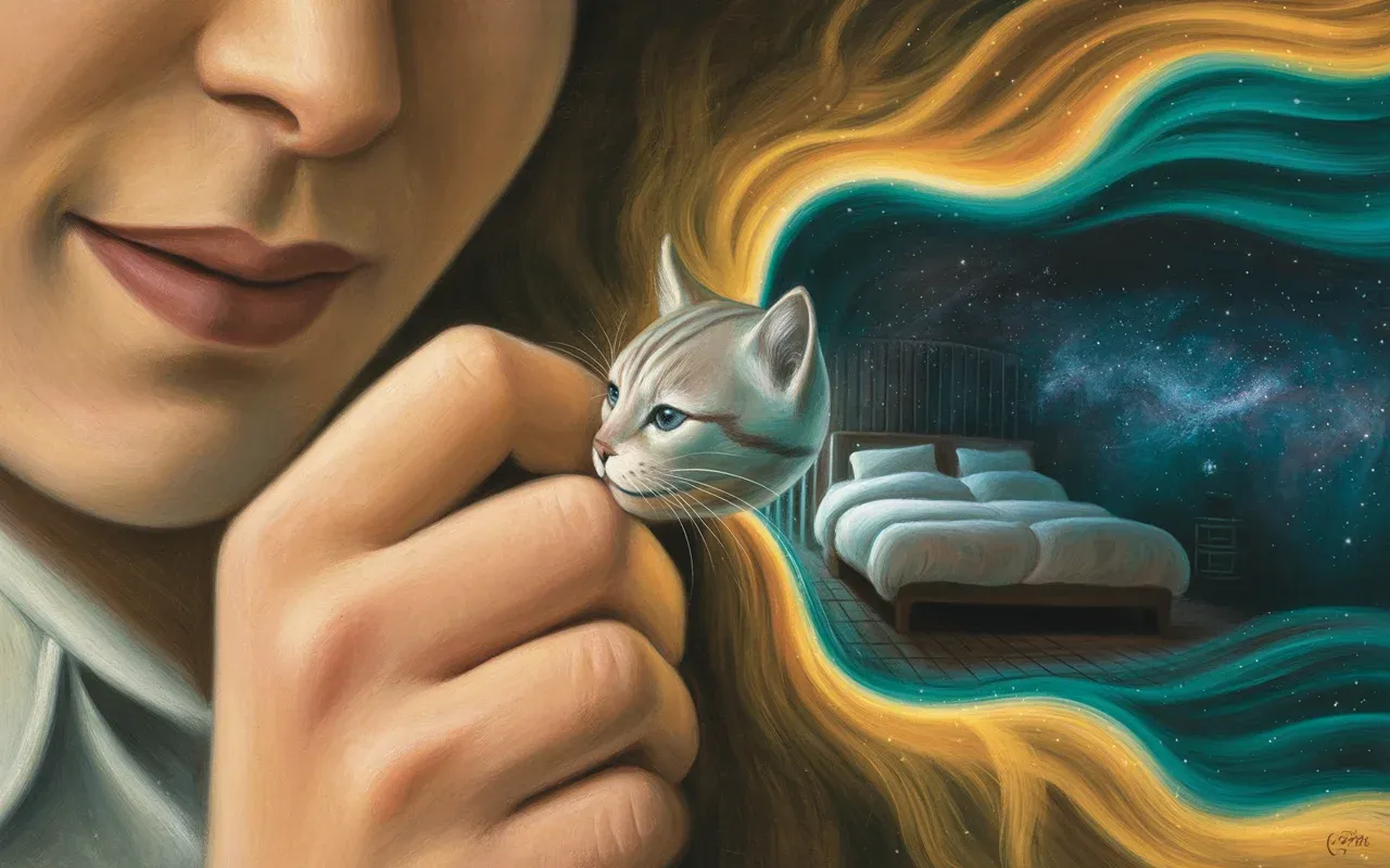 Dreamer with a translucent cat biting their hand in a surrealist bedroom dissolving into starry cosmos