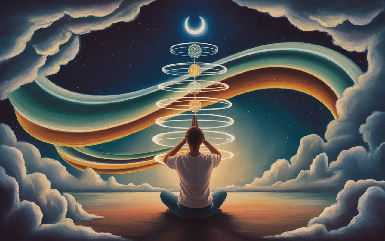 Person meditating in a surreal dreamscape with teal and amber light, sacred geometry symbols floating around them