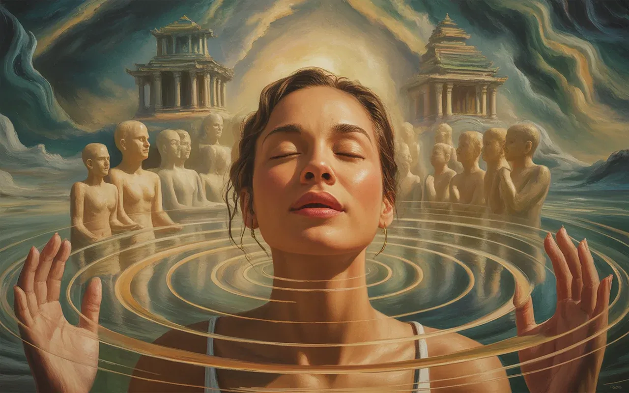 Woman chanting in a circle of ethereal figures in a golden and teal dreamscape with floating temple fragments