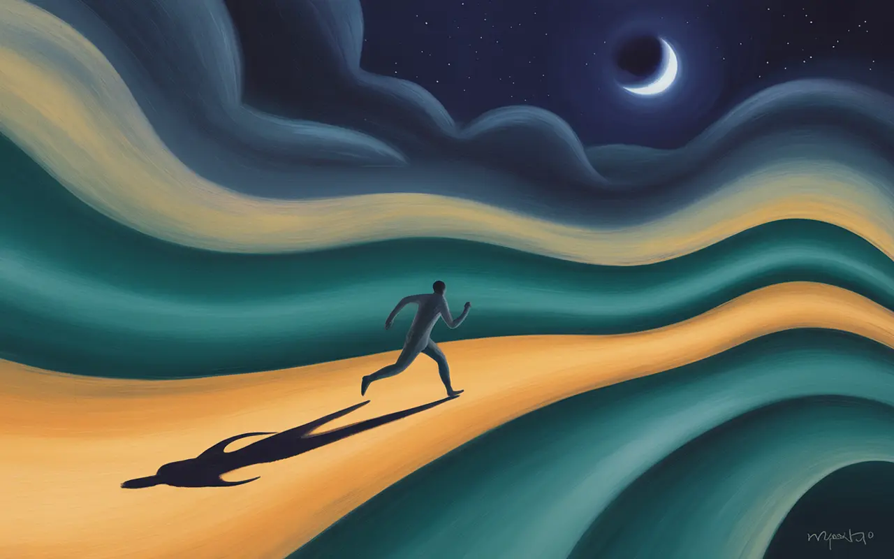 Person fleeing through Jungian dreamscape with shadow pursuer, teal and amber light, surrealist night sky