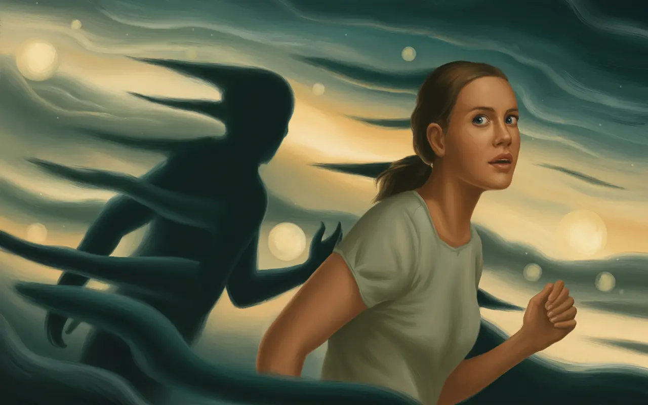 Woman glancing back in fear while running through a surreal glowing dreamscape at night