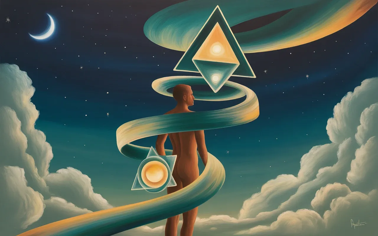 Jungian dreamscape with glowing geometric shapes pursuing a dreamer under a crescent moon