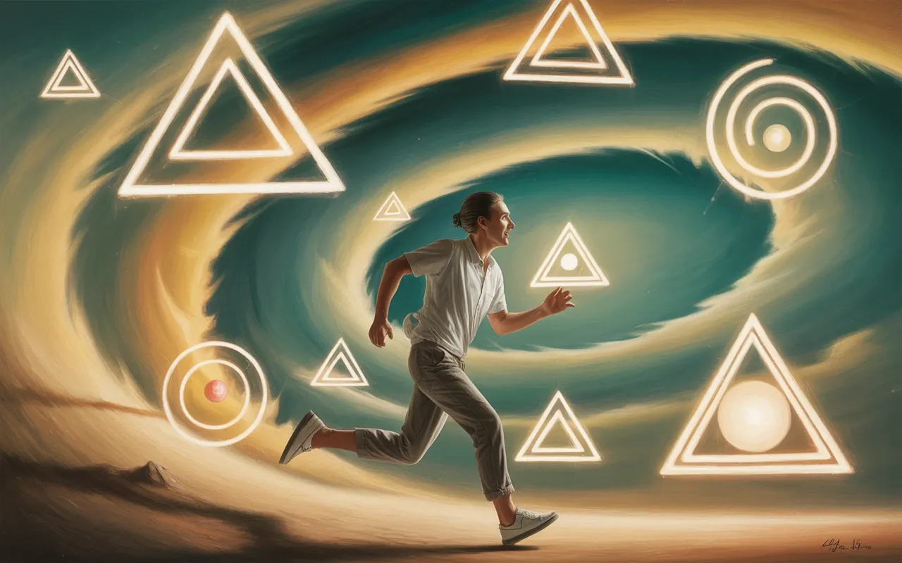Person running through a surrealist dreamscape with glowing sacred geometry symbols floating overhead