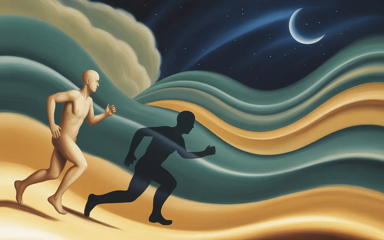 Human figure running through a Jungian dreamscape with shadow pursuer and swirling teal and amber light