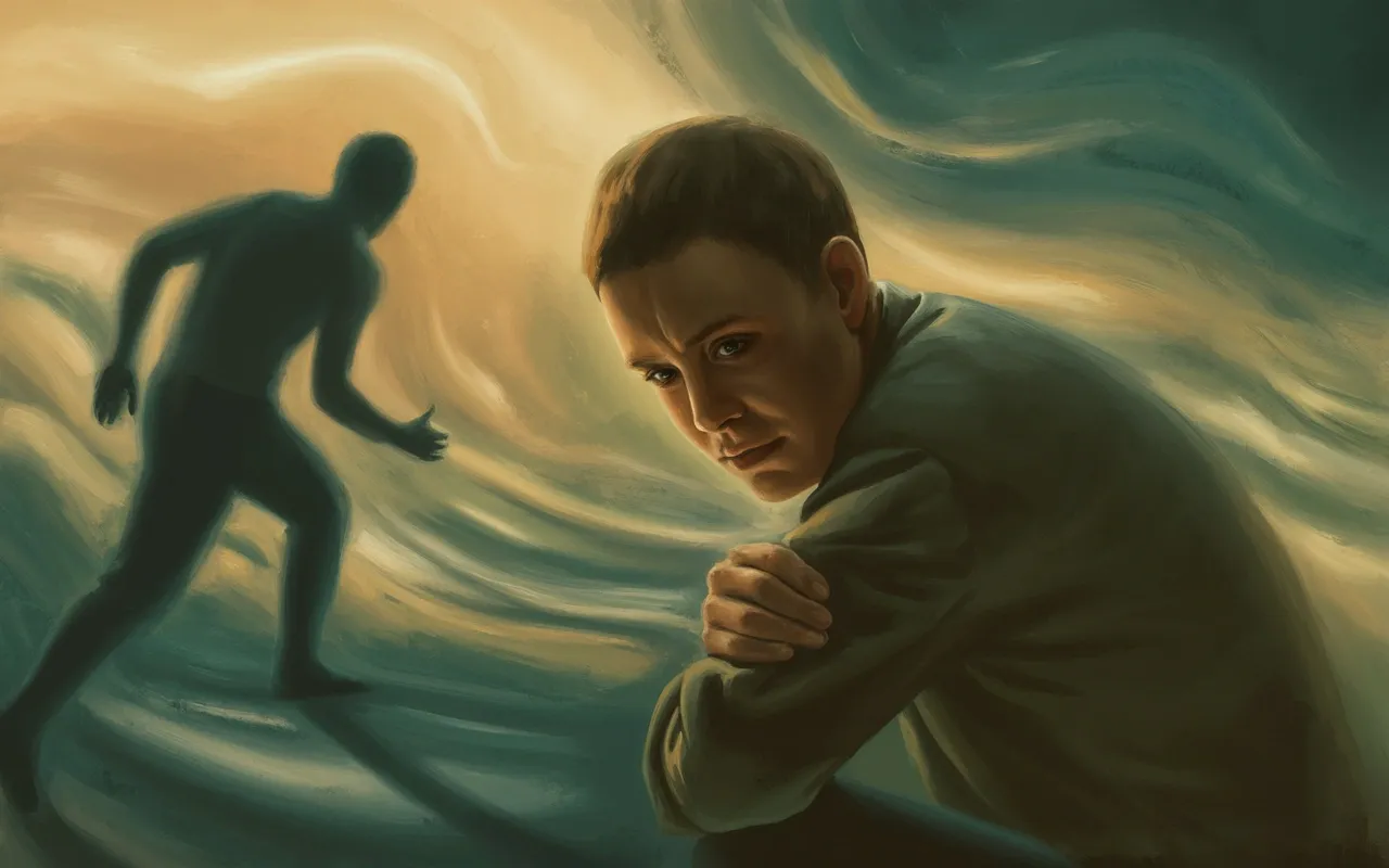 Person looking back fearfully in a swirling dreamscape with a shadow pursuer behind them