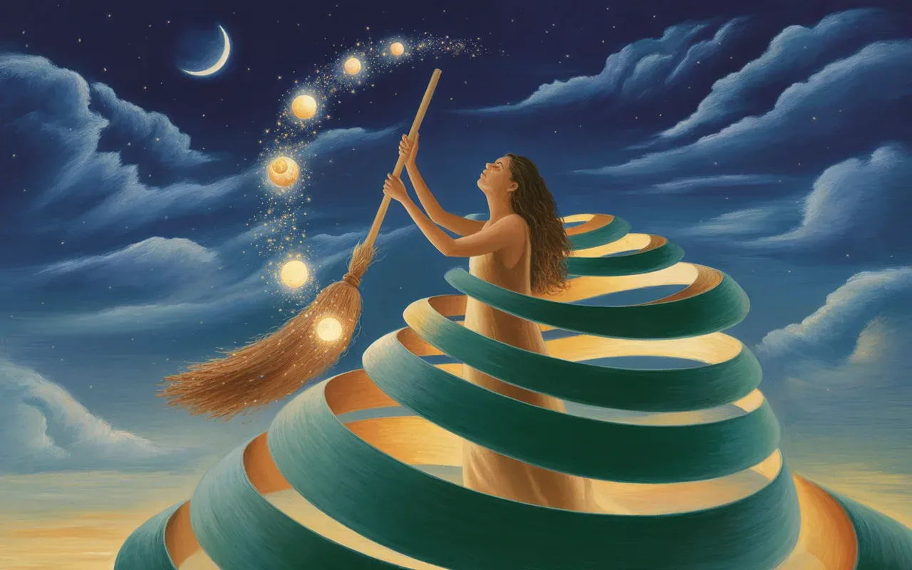 Spiritual meaning of cleaning in a dream — woman performing symbolic purification ritual in surreal dreamscape