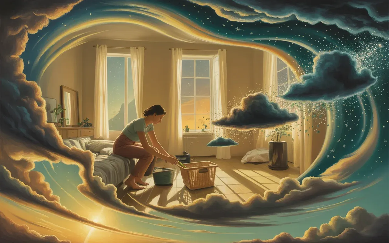 Woman cleaning a dreamlike floating room — emotional release and spiritual renewal in a dream